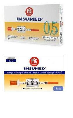 SIRINGA PER INSULINA PIC INSUMED 0,5 ML 100 UI AGO GAUGE 29 LUNGHEZZA 12,7 MM SENZA SPAZIO MORTO 3 SACCHETTI DA 30 PEZZI - Farmapre