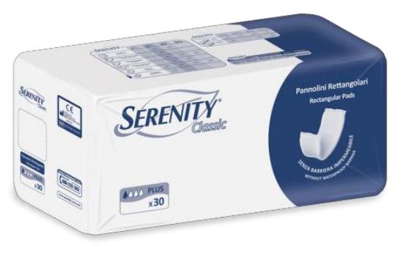 PANNOLONE PER INCONTINENZA RETTANGOLARE SENZA BARRIERA IMPERMEABILE SERENITY CLASSIC 30 PEZZI - Farmapre
