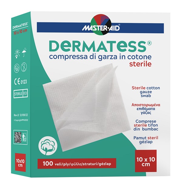 GARZA COMPRESSA MASTER-AID DERMATESS COTONE 10X10CM 100 PEZZI - Farmapre