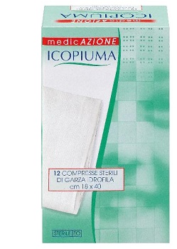 ICOPIUMA GARZA COMPRESSA IDROFILA IN COTONE PIEGATA STERILE SENZA FILO DI BARIO TITOLO 12/8 MISURA 18X40 CM IN BUSTA SINGOLA 12 PEZZI - Farmapre