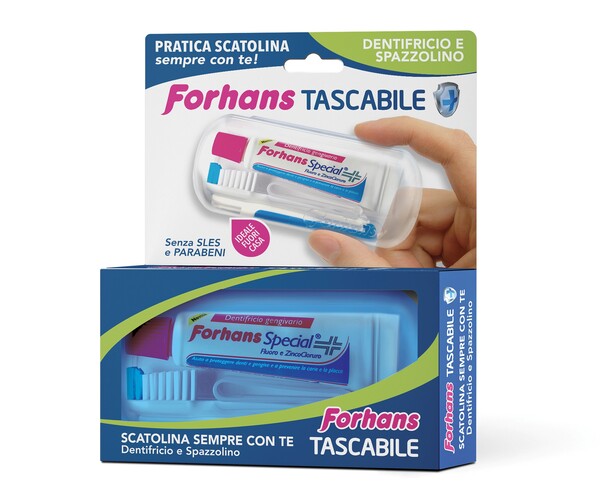 FORHANS TRAVEL KIT TASCABILE COMPOSTO DA SPAZZOLINO DA VIAGGIO + FORHANS SPECIAL PASTA DENTIFRICIA TUBETTO 12,5 ML - Farmapre