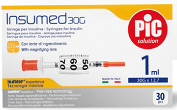 SIRINGA INSULINA PIC INSUMED 1 ML 100 UI AGO GAUGE 30 12,7 MM SENZA SPAZIO MORTO 30 PEZZI - Farmapre
