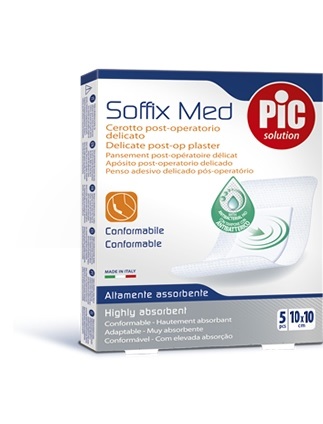 CEROTTO PIC SOFFIX MED IN TNT CON TAMPONE CENTRALE ASSORBENTE STERILE MONOUSO 10X10 CM ANTIBATTERICO 5 PEZZI - Farmapre