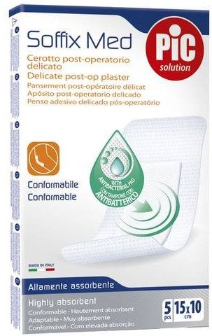 CEROTTO PIC SOFFIX MED IN TNT CON TAMPONE CENTRALE ASSORBENTE STERILE MONOUSO 10X15 CM ANTIBATTERICO 5 PEZZI - Farmapre