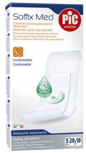 CEROTTO PIC SOFFIX MED IN TNT CON TAMPONE CENTRALE ASSORBENTE STERILE MONOUSO 10X20 CM ANTIBATTERICO 5 PEZZI - Farmapre