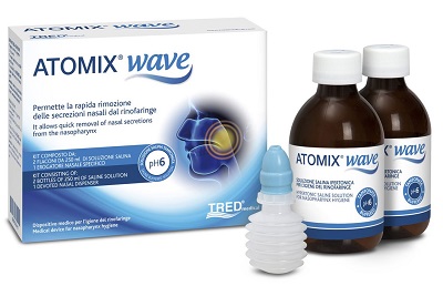 ATOMIX WAVE DISPOSITIVO PER IGIENE RINOFARINGEA ATOMIX SOLUZIONE SALINA 250 ML 2 PEZZI + TERMINALE NASALE + EROGATORE A SOFFIETTO - Farmapre