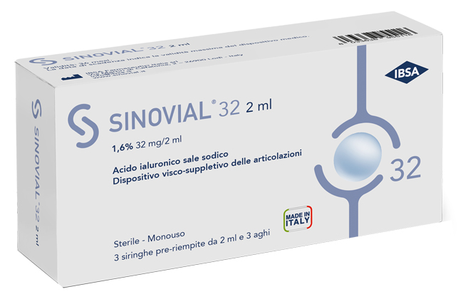 SIRINGA INTRA-ARTICOLARE SINOVIAL 32 ACIDO IALURONICO SALE SODICO 1,6% 32MG/2ML 3 SIRINGHE X 2ML + 3 AGHI - Farmapre