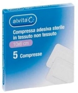 ALVITA GARZA COMPRESSA ADESIVA STERILE IN TESSUTO NON TESSUTO ESTENSIBILE BIANCO 10X6CM 5 PEZZI - Farmapre