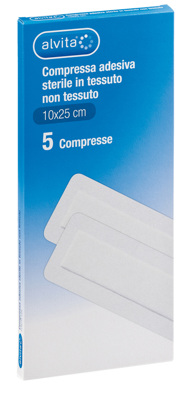 ALVITA GARZA COMPRESSA AUTOADESIVA IN TNT 10X25CM 5 PEZZI - Farmapre