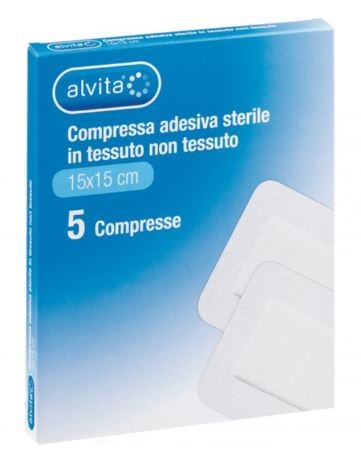ALVITA GARZA COMPRESSA ADESIVA STERILE IN TESSUTO NON TESSUTO ESTENSIBILE BIANCO 15X15CM 5 PEZZI - Farmapre