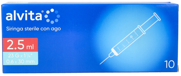 SIRINGA PER INFUSIONE E IRRIGAZIONE ALVITA 2,5 ML CON AGO 23 GAUGE 1 1/4 0,6X30MM 10 PEZZI - Farmapre