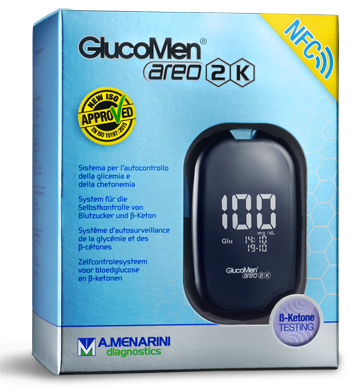 GLUCOMETRO GLUCOMEN AREO 2K PER AUTOMISURAZIONE DELLA GLICEMIA DA SANGUE INTERO CAPILLARE DIMENSIONE 85,5X56X18,2 MM PESO 46 G - Farmapre