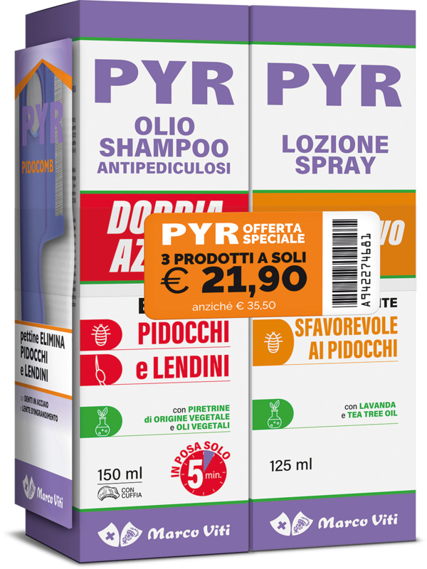 PYR ABB OLIO SHAMPOO ANTIPEDICULOSI + 1 OLIO SHAMPOO DOPPIA AZIONE + 1 LOZIONE SPRAY + 1 PETTINE LENDINI - Farmapre