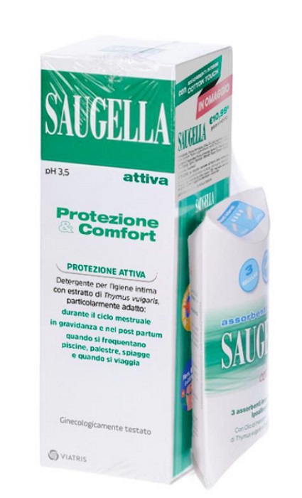 SAUGELLA PROTEZIONE&COMFORT BUNDLE 1 ATTIVA 250 ML + 3 ASSORBENTI INTERNI REGULAR IN OMAGGIO + GADGET STICKERS MOTIVAZIONALI - Farmapre