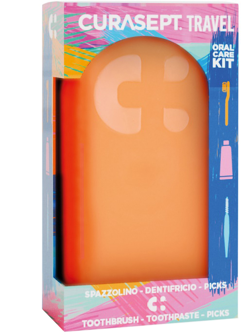 CURASEPT TRAVEL ARANCIO 1 SPAZZOLINO + 1 DENTIFRICIO 20 ML + 3 PICKS - Farmapre