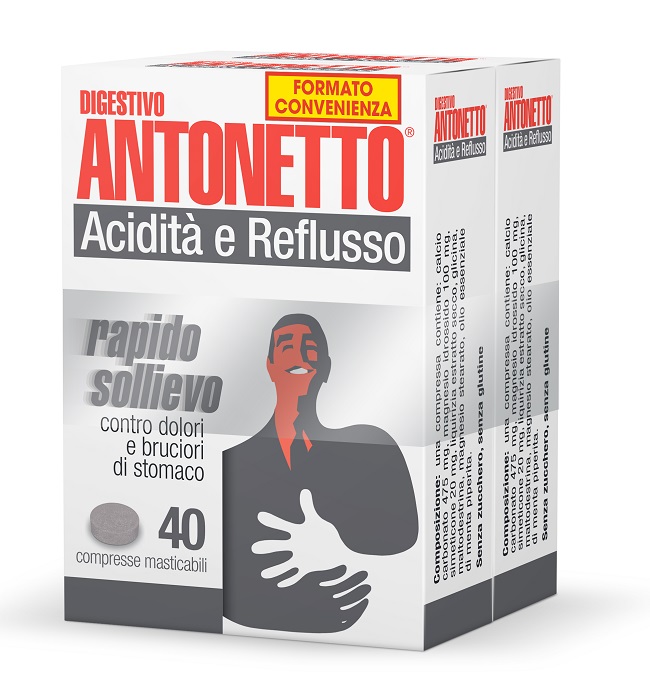 DIGESTIVO ANTONETTO ACIDITA' E REFLUSSO 80 COMPRESSE MASTICABILI 2 ASTUCCI DA 40 COMPRESSE - Farmapre