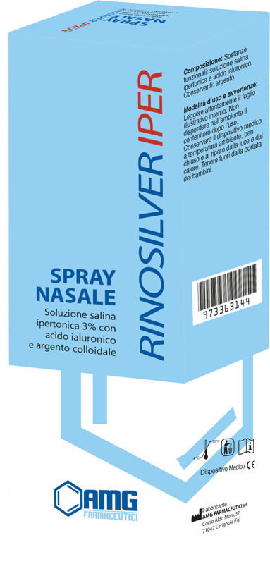 RINOSILVER SOLUZIONE SALINA IPERTONICA 3% CON ACIDO IALURONICO E ARGENTO COLLOIDALE SPRAY NASALE 20 ML - Farmapre