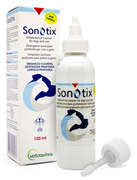 SONOTIX DETERGENTE AURICOLARE PROFONDO CANI E GATTI 120 ML + CANNULA CORTA RIGIDA + CANNULA LUNGA FLESSIBILE - Farmapre