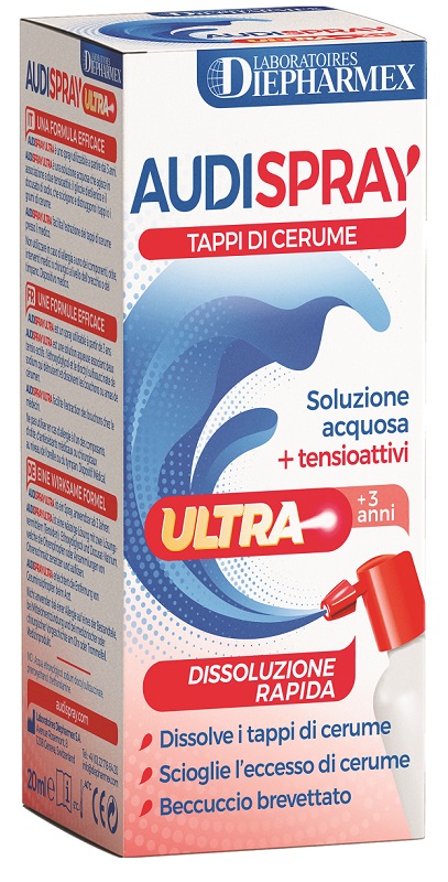 AUDISPRAY ULTRA +3 ANNI SOLUZIONE ACQUOSA + TENSIOATTIVI SPRAY TAPPI DI CERUME 20 ML - Farmapre