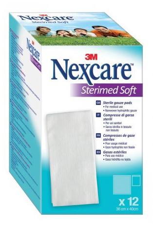 GARZA COMPRESSA STERILE NEXCARE STERIMED SOFT 18X40 CM MUL TILINGUAL 12 PEZZI - Farmapre