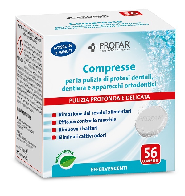 PROFAR COMPRESSE PULIZIA PROTESI DENTALI-DENTIERA-APPARECCHI ORTODONTICI 56 PEZZI - Farmapre