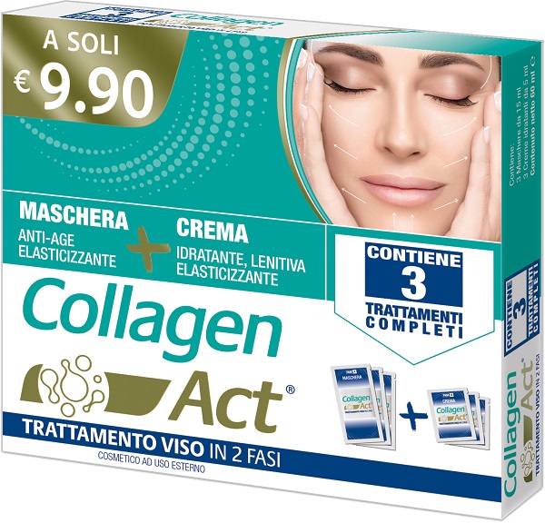 COLLAGEN ACT TRATTAMENTO VISO 2 FASI MASCHERA ANTI AGE ELASTICIZZANTE 3 PEZZI DA 15 ML + CREMA IDRATANTE LENITIVA ELASTICIZZANTE 3 PEZZI DA 5 ML - Farmapre