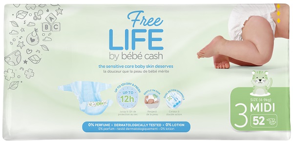 FREELIFE BY BEBECASH PANNOLINI MIDI TAGLIA 3 4-9 KG GIROVITA 35-56 CM 52 PEZZI - Farmapre
