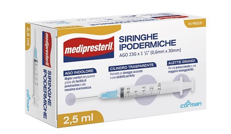 SIRINGA IPODERMICA MEDIPRESTERIL AGO 23 GAUGE 1 1/4 0,6X30MM 2,5 ML 10 PEZZI - Farmapre