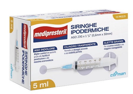 SIRINGA IPODERMICA MEDIPRESTERIL AGO 23 GAUGE 1 1/4 0,5X30MM 5 ML 10 PEZZI - Farmapre