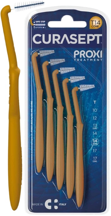 SCOVOLINO CURASEPT PROXI ANGLE MISURA T14 CONICO ISO 4 COLORE OCRA DIAMETRO 1,4 MM 5 PEZZI - Farmapre