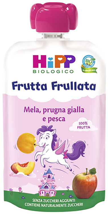 HIPP BIO FRUTTA FRULLATA UNICORNO MELA PRUGNA GIALLA PESCA 90 G - Farmapre