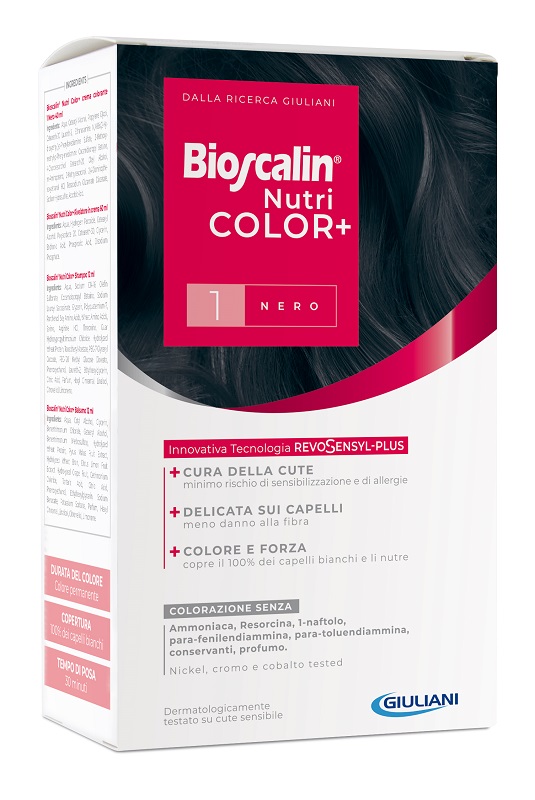 BIOSCALIN NUTRICOLOR PLUS 1 NERO CREMA COLORANTE 40 ML + RIVELATORE CREMA 60 ML + SHAMPOO 12 ML + TRATTAMENTO FINALE BALSAMO 12 ML - Farmapre