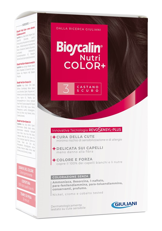 BIOSCALIN NUTRICOLOR PLUS 3 CASTANO SCURO CREMA COLORANTE 40 ML + RIVELATORE CREMA 60 ML + SHAMPOO 12 ML + TRATTAMENTO FINALE BALSAMO 12 ML - Farmapre