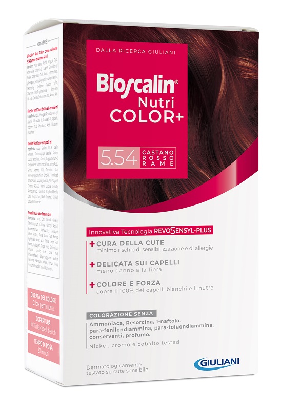 BIOSCALIN NUTRICOLOR PLUS 5,54 CASTANO ROSSO RAME CREMA COLORANTE 40 ML + RIVELATORE CREMA 60 ML + SHAMPOO 12 ML + TRATTAMENTO FINALE BALSAMO 12 ML - Farmapre