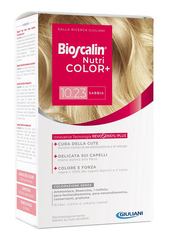 BIOSCALIN NUTRICOLOR PLUS 10,23 SABBIA CREMA COLORANTE 40 ML + RIVELATORE CREMA 60 ML + SHAMPOO 12 ML + TRATTAMENTO FINALE BALSAMO 12 ML - Farmapre
