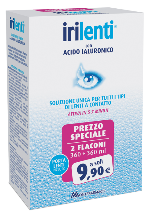 SOLUZIONE UNICA PER LENTI A CONTATTO IRILENTI CON ACIDO IALURONICO 2 FLACONI DA 360 ML + 360 ML - Farmapre