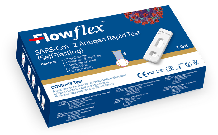 TEST ANTIGENICO RAPIDO COVID-19 FLOWFLEX AUTODIAGNOSTICO DETERMINAZIONE QUALITATIVA ANTIGENI SARS-COV-2 IN TAMPONI NASALI MEDIANTE IMMUNOCROMATOGRAFIA PROVETTA CON ALLUMINIO - Farmapre