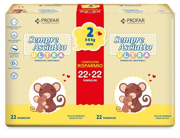 PANNOLINI PROFAR SEMPRE ASCIUTTO ULTRA MINI 3/6 KG BIPACCO 22+22 PEZZI - Farmapre