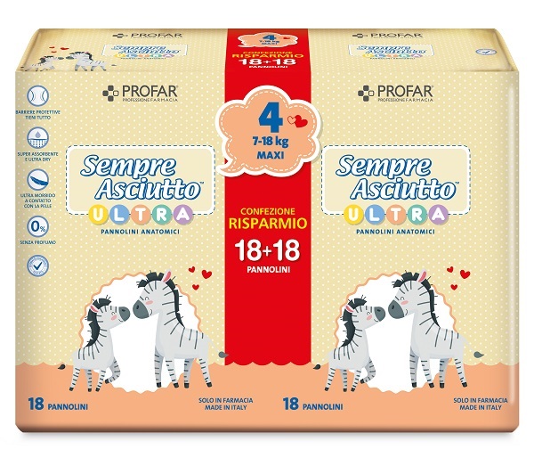 PANNOLINI PROFAR SEMPRE ASCIUTTO ULTRA MAXI 7/18 KG BIPACCO 18+18 PEZZI - Farmapre