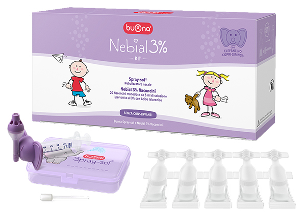 NEBIAL 3% KIT 20 FLACONCINI MONODOSE 5ML SOLUZIONE IPERTONICA CON ACIDO IALURONICO + NEBULIZZATORE SPRAY-SOL - Farmapre