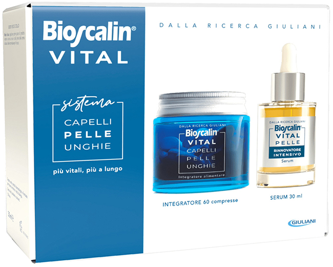 BIOSCALIN VITAL SISTEMA CAPELLI PELLE & UNGHIE BIOSCALIN CAPELLI PELLE & UNGHIE 60 COMPRESSE + SIERO RIGENERANTE VISO 30 ML - Farmapre