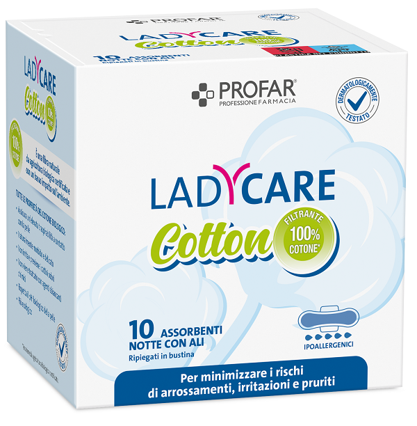 LADYCARE ASSORBENTI COTTON IPOALLERGENICI NOTTE CON ALI 10 PEZZI PROFAR - Farmapre