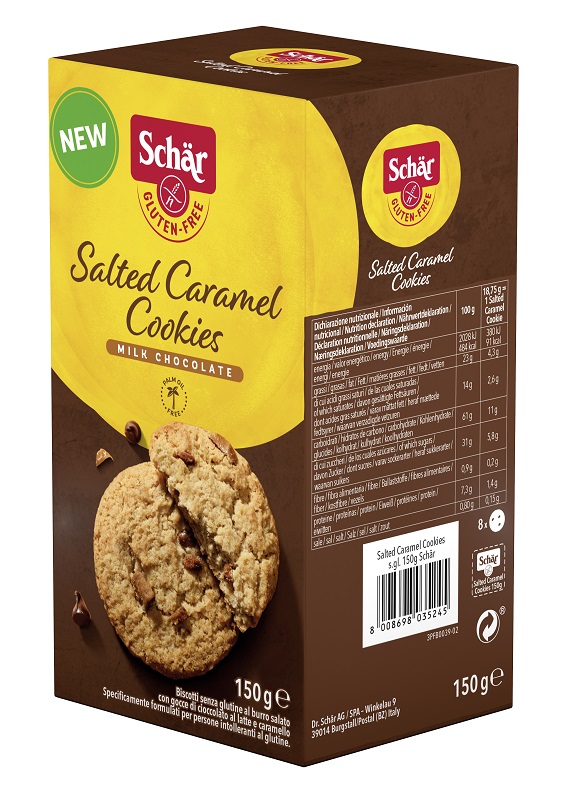 SCHAR SALTED CARAMEL COOKIES CON GOCCE DI CIOCCOLATO AL LATTE E CARAMELLO 150 G - Farmapre