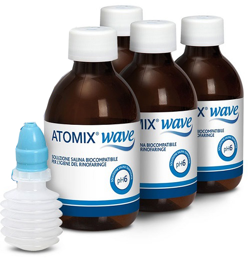 ATOMIX WAVE DISPOSITIVO PER IGIENE RINOFARINGEA ATOMIX SOLUZIONE SALINA 4 FLACONI DA 250 ML - Farmapre