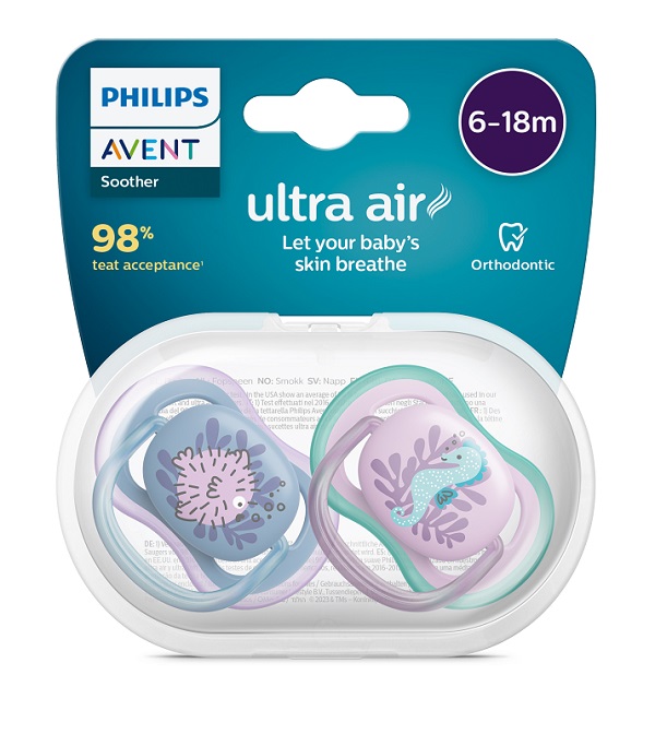 AVENT ULTRA AIR CIUCCIO ORTODONTICO 6-18 MESI PESCE PALLA/CAVALLUCCIO MARINO 2 PEZZI - Farmapre