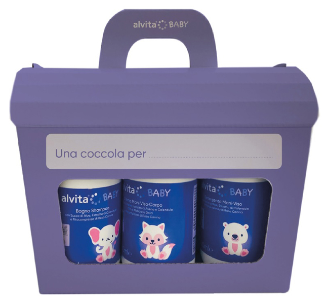ALVITA COFANETTO BABY 5 PEZZI 1 BAGNO SHAMPOO 300 ML + 1 CREMA VISO CORPO 300 ML + 1 DETERGENTE MANI VISO 300 ML + 1 PASTA OSSIDO ZINCO 100 ML + SALVIETTE PURE WATER 60 PEZZI - Farmapre