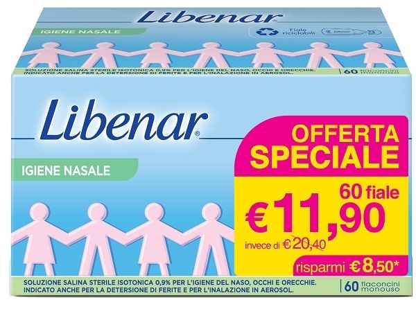 SOLUZIONE SALINA ISOTONICA 0,9% LIBENAR PER IGIENE NASALE 60 FLACONCINI MONOUSO X 5 ML - Farmapre