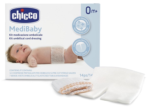 CHICCO KIT MEDICAZIONE OMBELICALE BENDA A RETE ELASTICA CALIBRO 6 + COMPRESSE IN TNT STERILI 10X10 CM 4 PEZZI - Farmapre