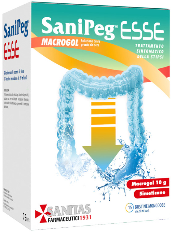 SANIPEG ESSE MACROGOL SOLUZIONE ORALE PRONTO DA BERE 15 BUSTINE MONODOSE DA 20 ML - Farmapre