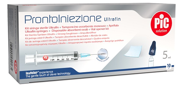 PRONTOINIEZIONE ULTRAFIN KIT SIRINGA STERILE 5 ML GAUGE 23 10 PEZZI + TAMPONCINO ASSORBENTE MONOUSO + APRIFIALA - Farmapre